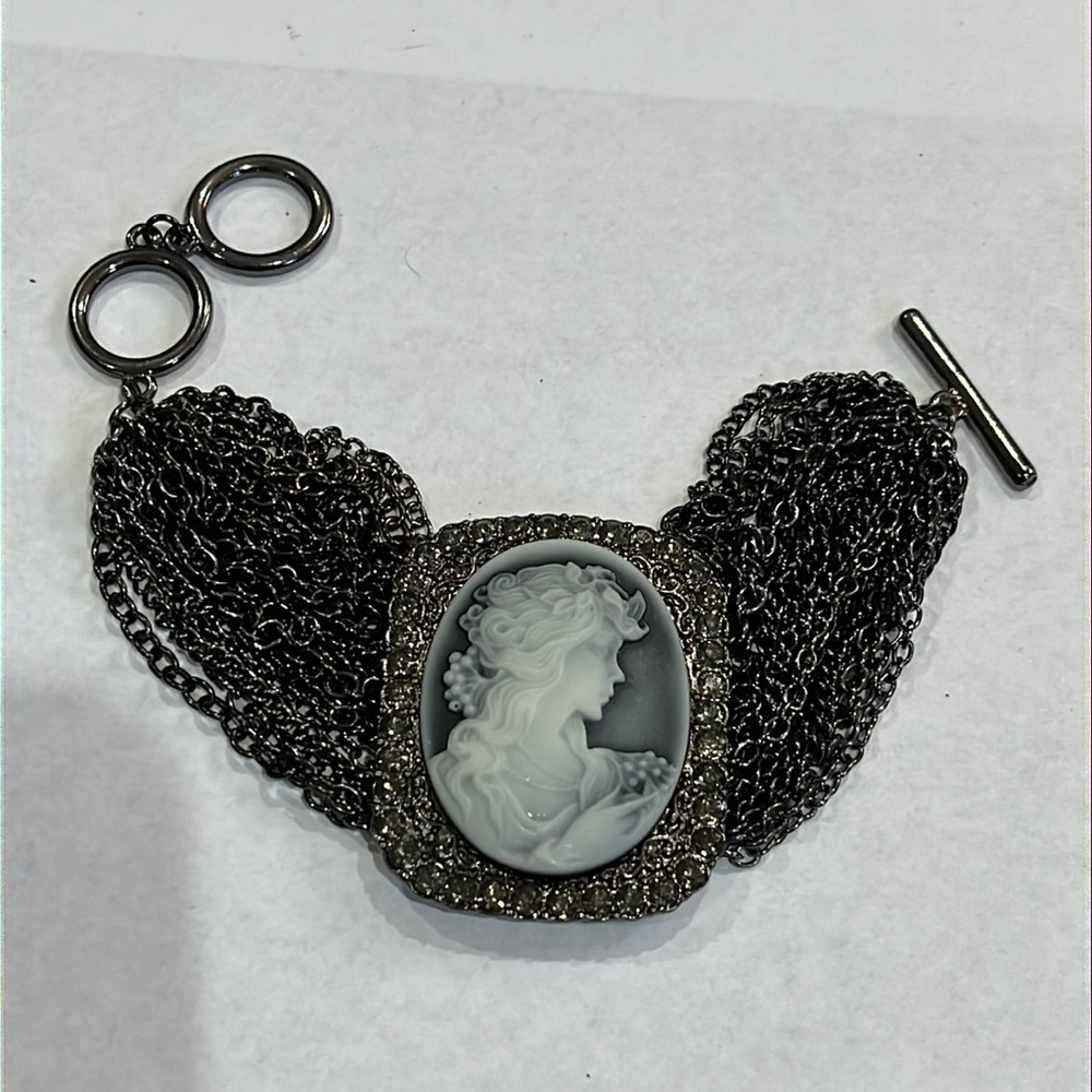 Smokey gun metal gray multi layered chain cameo bracelet with crystals 7-7.5”